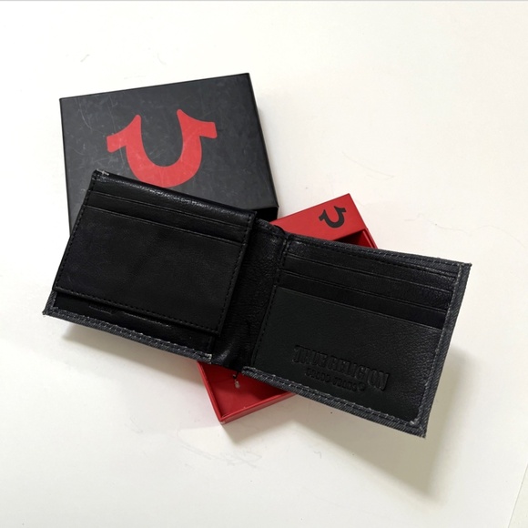 NWT True Religion Reece Denim Leather L-fold Wallet Black Gray Stitch Logo Boxed - Picture 5 of 8